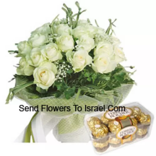Bunch Of 18 White Roses With Seasonal Fillers Along With 16 Pcs Ferrero Rochers
