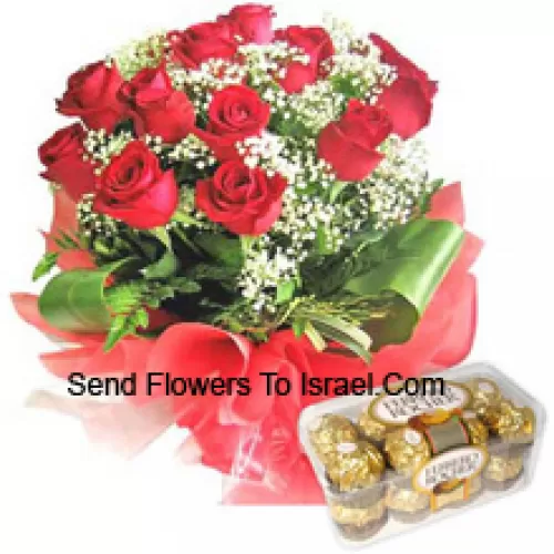 Bunch Of 12 Red Roses With Seasonal Fillers Along With 16 Pcs Ferrero Rochers