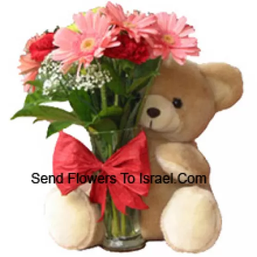 12 Oeillets rouges et des Géraniums roses dans un vase en verre décoré d'un nœud et accompagné d'un ours en peluche câlin