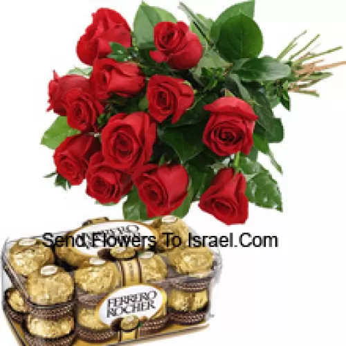Bunch Of 12 Red Roses With Seasonal Fillers Accompanied With A Box Of 16 Pcs Ferrero Rochers