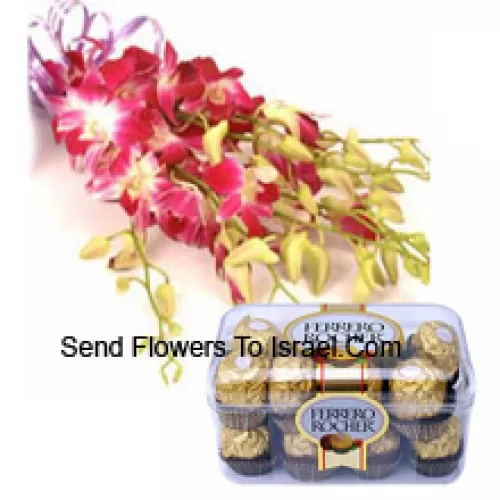 Bunch Of Pink Orchids With Seasonal Fillers Along With 16 Pcs Ferrero Rochers