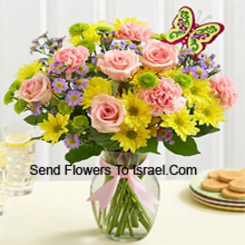 Pink Roses, Pink Carnations And Yellow Gerberas With Seasonal Fillers In A Glass Vase -- 24 Stems And Fillers