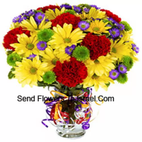 Red Carnations And Yellow Gerberas Beautifully Arranged In A Vase -- 24 Stems And Fillers
