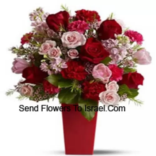 Red Roses, Red Carnations And Pink Roses With Seasonal Fillers In A Glass Vase -- 24 Stems And Fillers