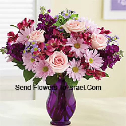 Pink Roses, Pink Gerberas And Other Assorted Flowers Arranged Beautifully In A Glass Vase -- 24 Stems And Fillers