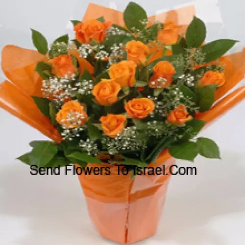 A Beautiful Arrangement Of 18 Orange Roses With Seasonal Fillers