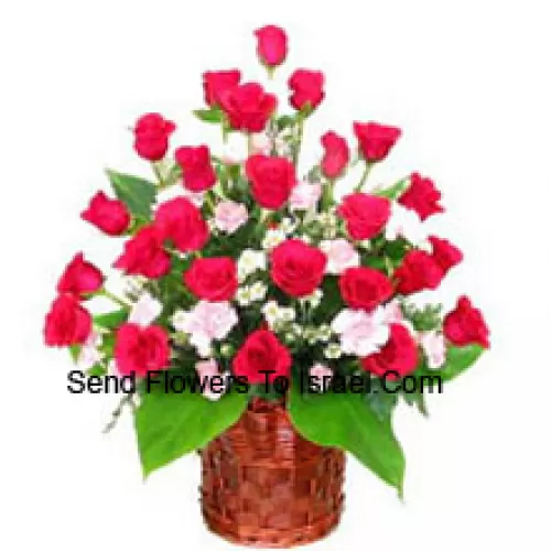 Basket Of 24 Red Roses With Fillers