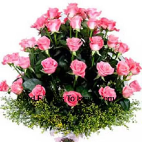 Basket Of 30 Pink Roses With Seasonal Fillers