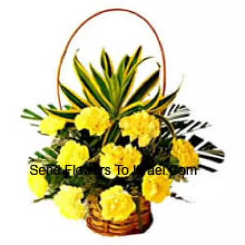 Basket Of 12 Yellow Carnations