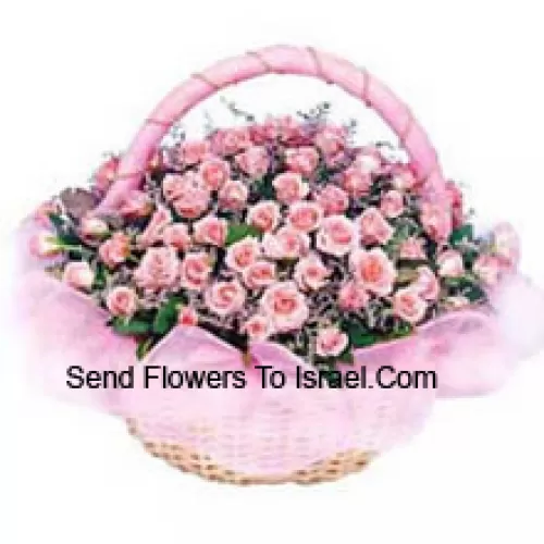 Round Basket Of 50 Pink Roses