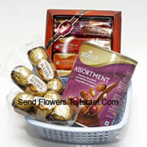 3 Small Packs Of 3 Pcs Ferrero Rocher Accompanied With Two Boxes Of Imported Vochelle Chocolate (This Product Needs To Be Accompanied With The Flowers. Also Note That We Will Replace Vochelle With Any Other Chocolates Of Equal Value In Case Of Non-Availability)