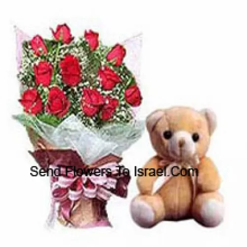 Bunch Of 12 Red Roses With Fillers And A Small Cute Teddy Bear