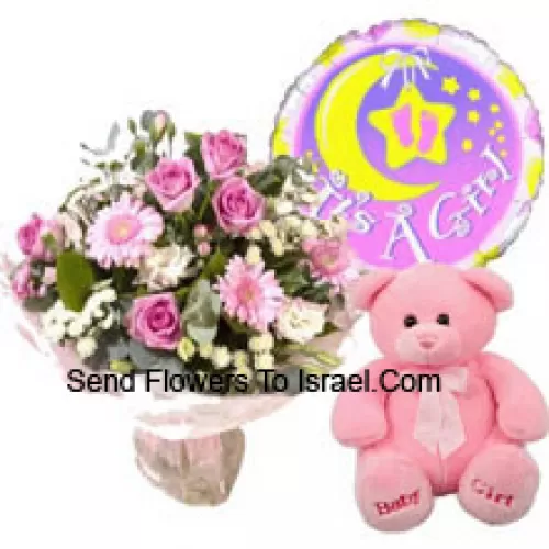 Bunch Of Assorted Pink Fowers, A Pink Teddy Bear And A Baby Girl Balloon