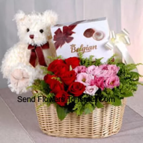 Basket Of Red And Pink Roses, A Box Of Chooclate And A Cute Teddy Bear