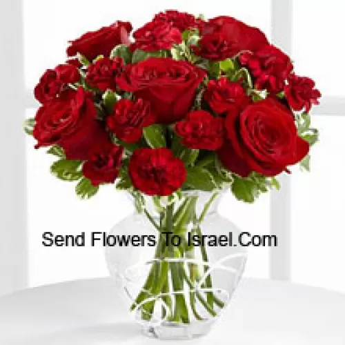 9 Red Roses And 9 Red Carnations In A Glass Vase