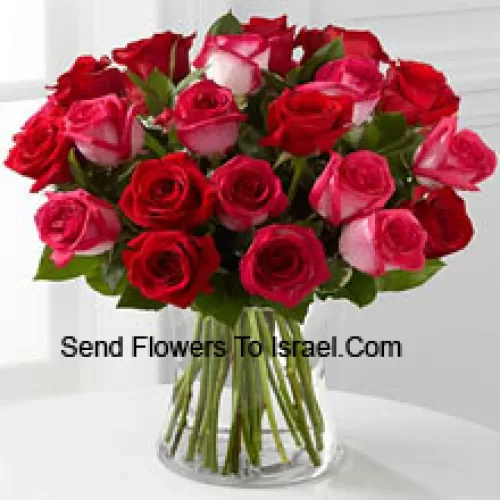 24 Roses ( 12 Red And 12 Dual Toned Pink ) With Seasonal Fillers In A Glass Vase