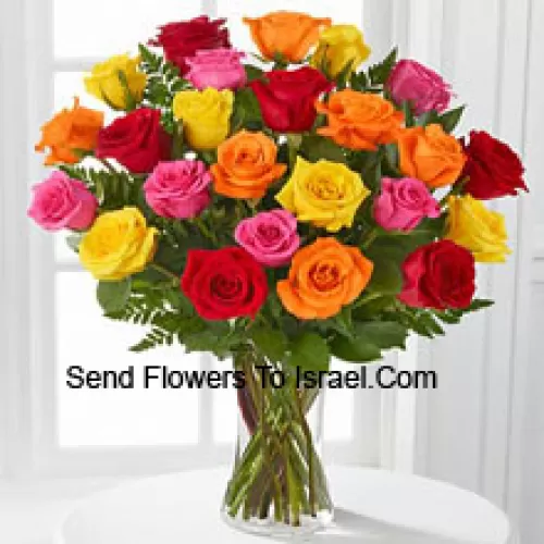 24 Mixed Colored Roses With Seasonal Fillers In A Glass Vase