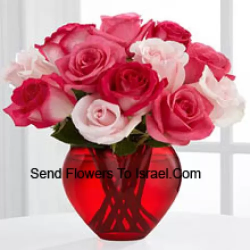 8 Dark Pink Roses With 4 Light Pink Roses In A Glass Vase