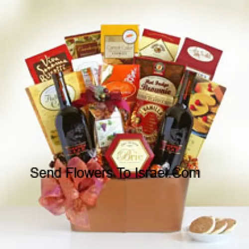 This Gift Basket has a bottle of Cabernet Sauvignon (Red Wine), a bottle of Merlot (Red Wine) , biscotti, Lindt truffles, gourmet snack mix, Sonoma cheese straws, cheese, flatbread crisps, cranberry harvest medley, carrot cake cookies, toasted almonds, a hot fudge brownie, vanilla caramels, gourmet popcorn and French vanilla wafer cookies. (Contents of basket including wine may vary by season and delivery location. In case of unavailability of a certain product we will substitute the same with a product of equal or higher value)