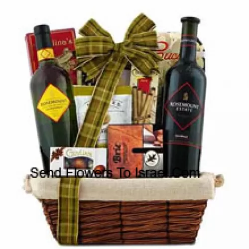This Gift Basket includes Rosemount Estate Black Diamond Label Shiraz Red Wine, Rosemount Estate Chardonnay White Wine, Brie cheese spread, Three pepper blend crackers, Olive oil cucina chips, Guylian Belgian chocolate shells, Angelina?s sweet butter cookies, Dolcetto filled wafer roll And Feridies extra-large gourmet Virginia peanuts. (Contents of basket including wine may vary by season and delivery location. In case of unavailability of a certain product we will substitute the same with a product of equal or higher value)