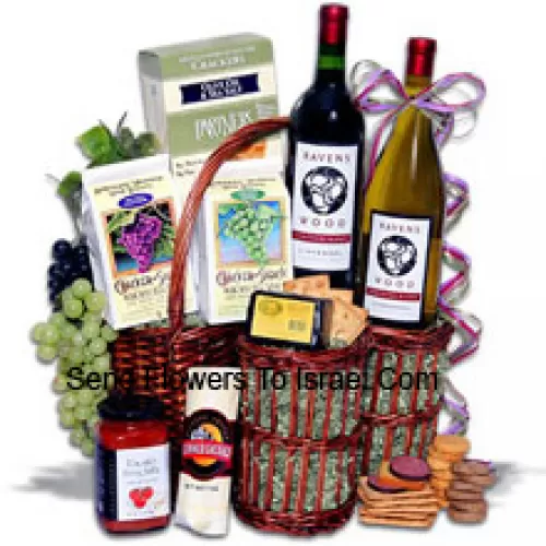 This Gift Basket Includes Chardonnay Vinters Blend by Ravenswood?- 750 ml, Zinfandel Vinters Blend by Ravenswood?- 750 ml, Partners Hors Doeuvre Deli Style Crackers, White Wine Biscuits by American Vintage, Red Wine Biscuits by American Vintage, Tomato Bruschetta by Elki, Butcher Wrapped Summer Sausage by Sparrer Sausage Company, Hickory and Maple Smoked Cheese by Sugarbush Farm. (Contents of basket including wine may vary by season and delivery location. In case of unavailability of a certain product we will substitute the same with a product of equal or higher value)