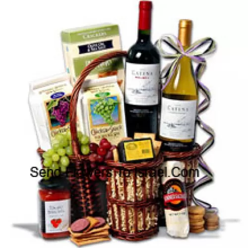This Christmas Gift Basket Includes Catena Malbec Mendoza?- 750 ml, Catena Chardonnay Mendoza?- 750 ml, Hors Doeuvre Deli Style Crackers by Partners, Hickory & Maple Smoked Cheese by Sugarbush Farm, Butcher Wrapped Summer Sausage by Sparrer Sausage Co, ?Tomato Bruschetta by Elki, White Wine Biscuit by American Vintage and Red Wine Biscuit by American Vintage. (Contents of basket including wine may vary by season and delivery location. In case of unavailability of a certain product we will substitute the same with a product of equal or higher value)