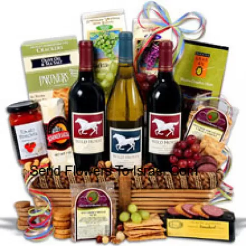This Gift Basket Includes Wild Horse - Cabernet Sauvignon?- 750ml, Wild Horse - Chardonnay?- 750ml, Wild Horse - Merlot?- 750ml, Hors Doeuvre Deli Style Crackers by Partners, Hickory & Maple Smoked Cheese by Sugarbush Farm, Butcher Wrapped Summer Sausage by Sparrer Sausage Co, Tomato Bruschetta by Elki, Red Wine Biscuit by American Vintage, White Wine Biscuit by American Vintage, Nicoise Olives by Barnier, Cashews and Boulder's Mixed Nuts. (Contents of basket including wine may vary by season and delivery location. In case of unavailability of a certain product we will substitute the same with a product of equal or higher value)