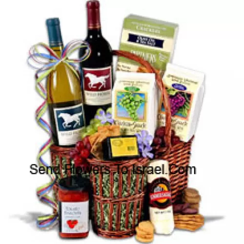 This Gift Basket Includes Wild Horse - Cabernet Sauvignon?- 750ml, Wild Horse - Chardonnay?- 750ml, Hors Doeuvre Deli Style Crackers by Partners, Hickory & Maple Smoked Cheese by Sugarbush Farm, Butcher Wrapped Summer Sausage by Sparrer Sausage Co, Tomato Bruschetta by Elki, Red Wine Biscuit by American Vintage and White Wine Biscuit by American Vintage.  (Contents of basket including wine may vary by season and delivery location. In case of unavailability of a certain product we will substitute the same with a product of equal or higher value)
