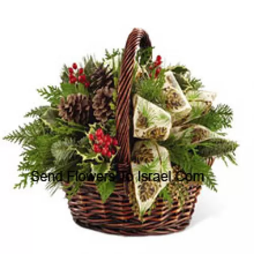 This Bouquet?is an expression of holiday homecoming and heartfelt cheer. Assorted holiday greens, variegated holly, natural pinecones, red berry pics and cinnnamon sticks are lovingly arranged in a dark brown bamboo basket accented with an ivory holiday ribbon creating a seasonal sentiment of peace and goodwill. (Please Note That We Reserve The Right To Substitute Any Product With A Suitable Product Of Equal Value In Case Of Non-Availability Of A Certain Product)